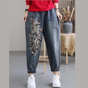 Doran Women Casual Boyfriend Jeans  Spring Vintage Style Floral Embroidery Loose Female Ankle-length Denim Pants