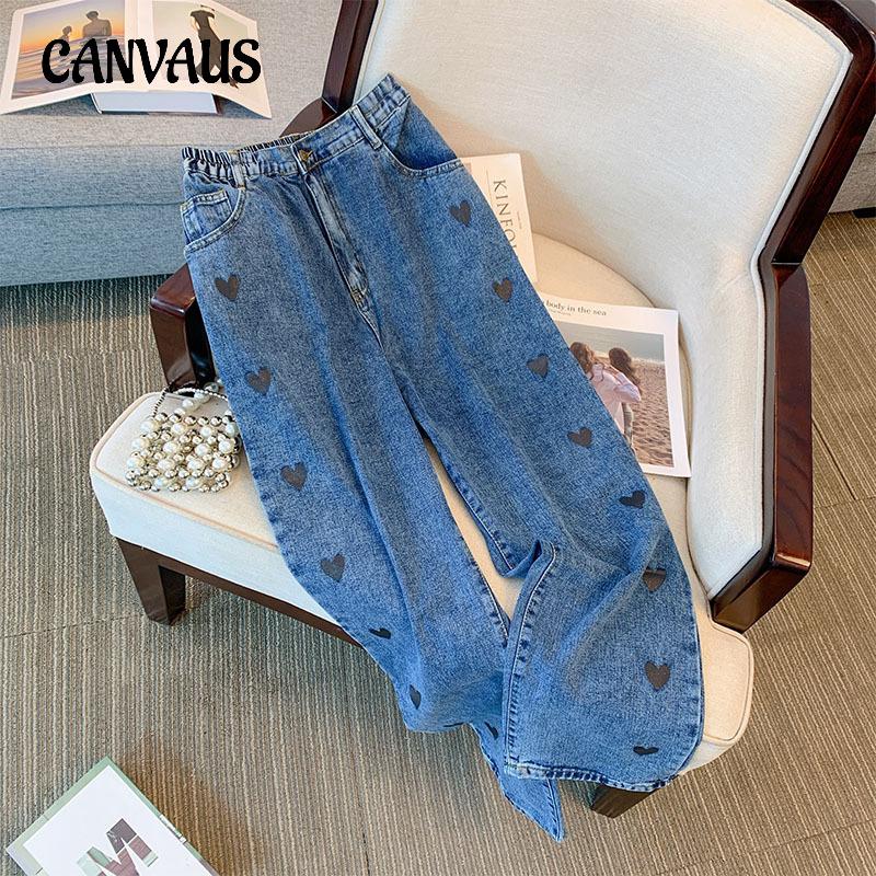 CANVAUS Spring, Autumn and Summer Women's Jeans Plus Size Side Heart Loose Straight Trousers Fashion Wide Leg Trousers