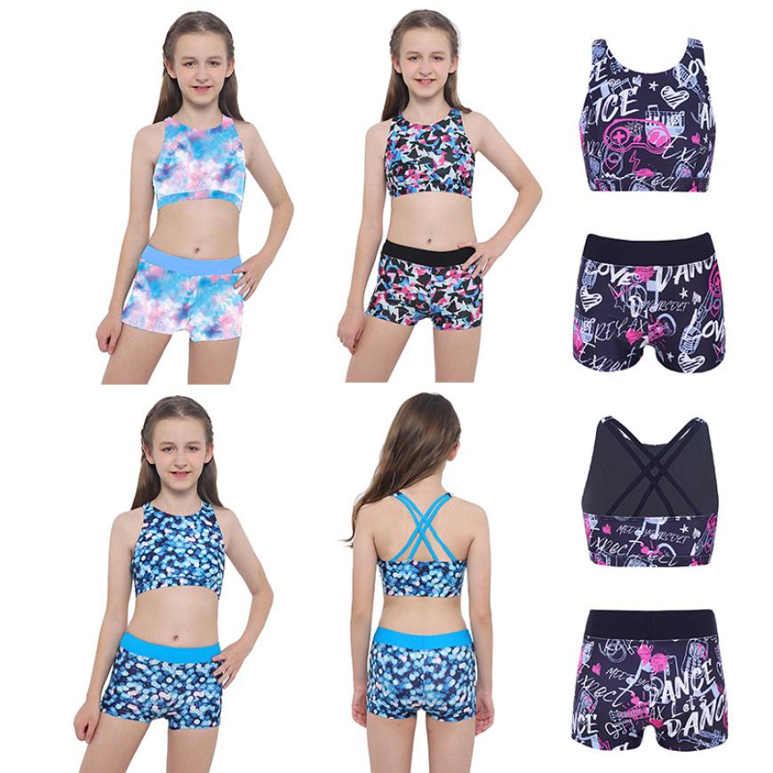 IEFiEL Girls Gymnastics Dance Sports Two Piece Outfit Racer Back Crop Top with Booty Shorts Swimwear