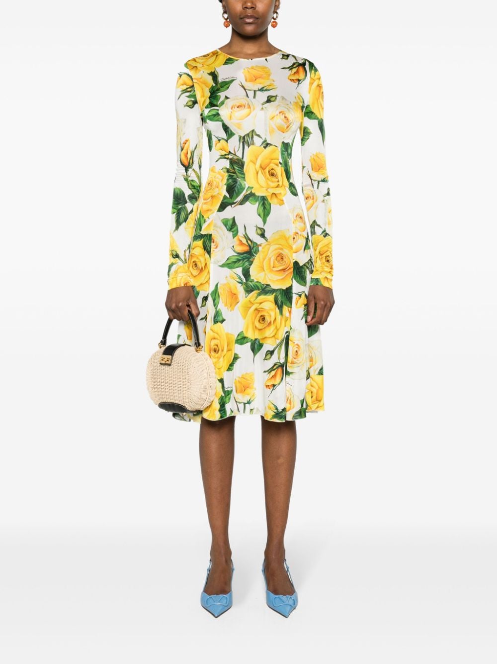 Dolce & Gabbana floral-print flared midi dress - Wit