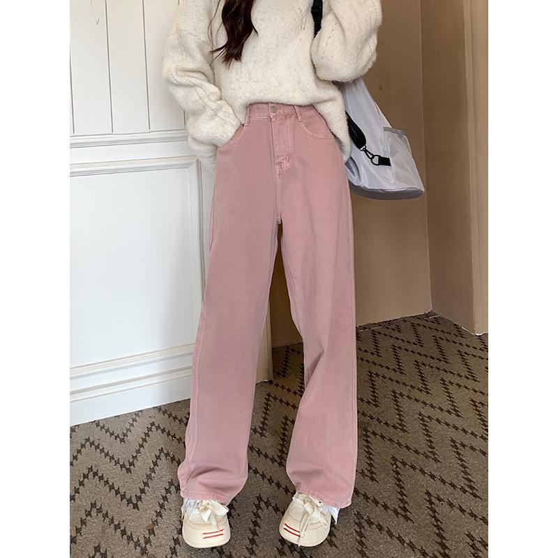 Green1 Pink Denim Trousers Spring Korean Style High Waist Retro Straight Jeans Trousers