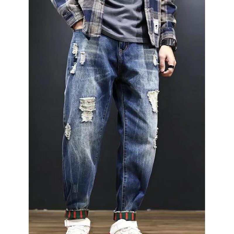 YANG1 Plus size men's fashion ripped loose foot washed jeans