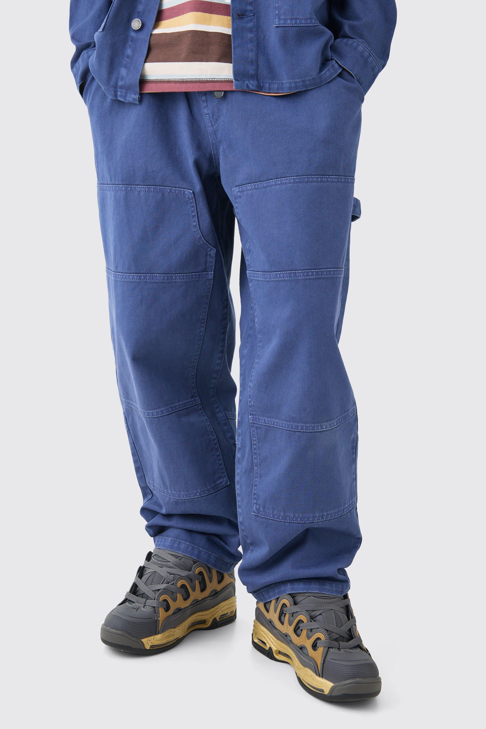 Boohoo Onbewerkte Baggy Denim Carpenter Jeans Met Elastische Taille In Donkerblauw, Dark Blue