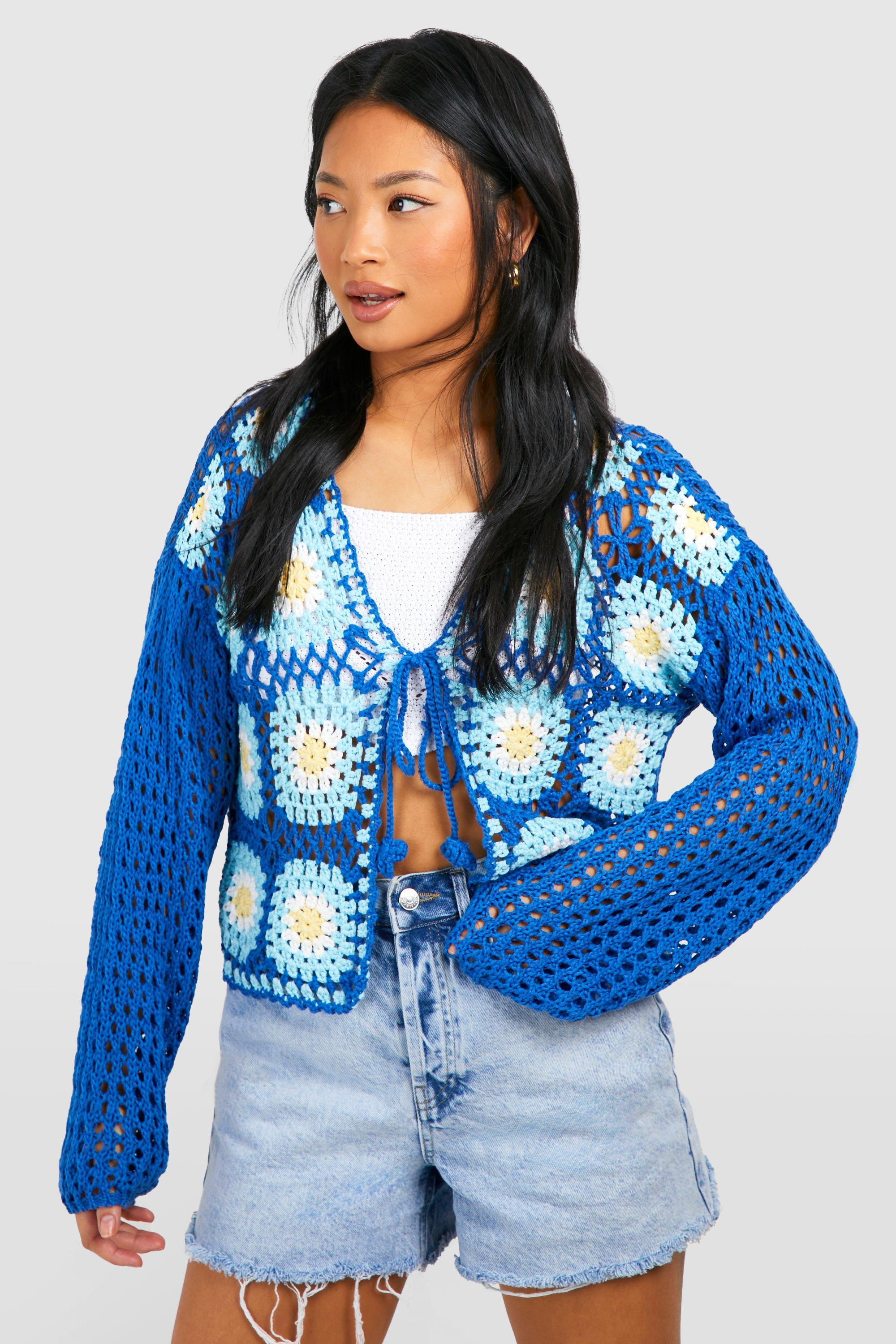 Boohoo Petite Patchwork Crochet Tie Front Cardigan, Blue
