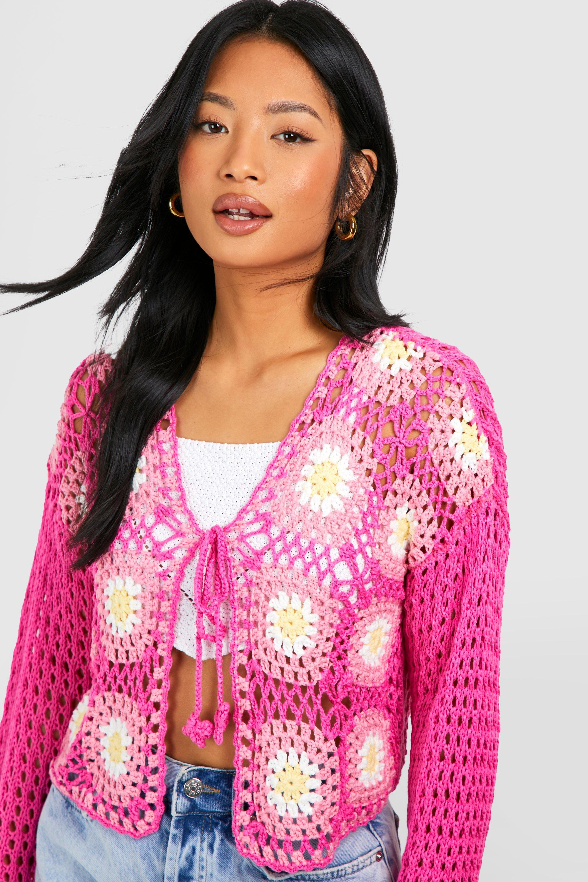 Boohoo Petite Patchwork Crochet Tie Front Cardigan, Pink
