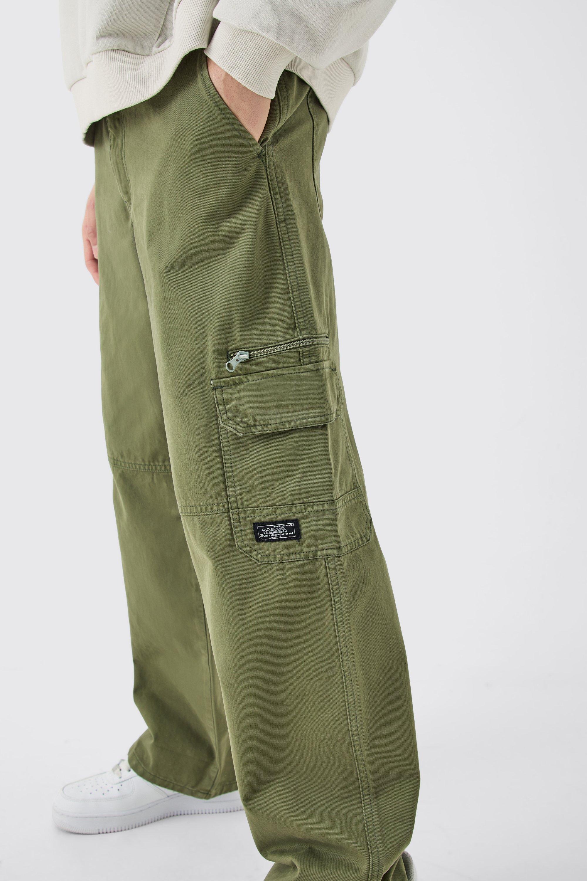 Boohoo Fixed Waist Cargo Zip Trouser With Woven Tab, Khaki