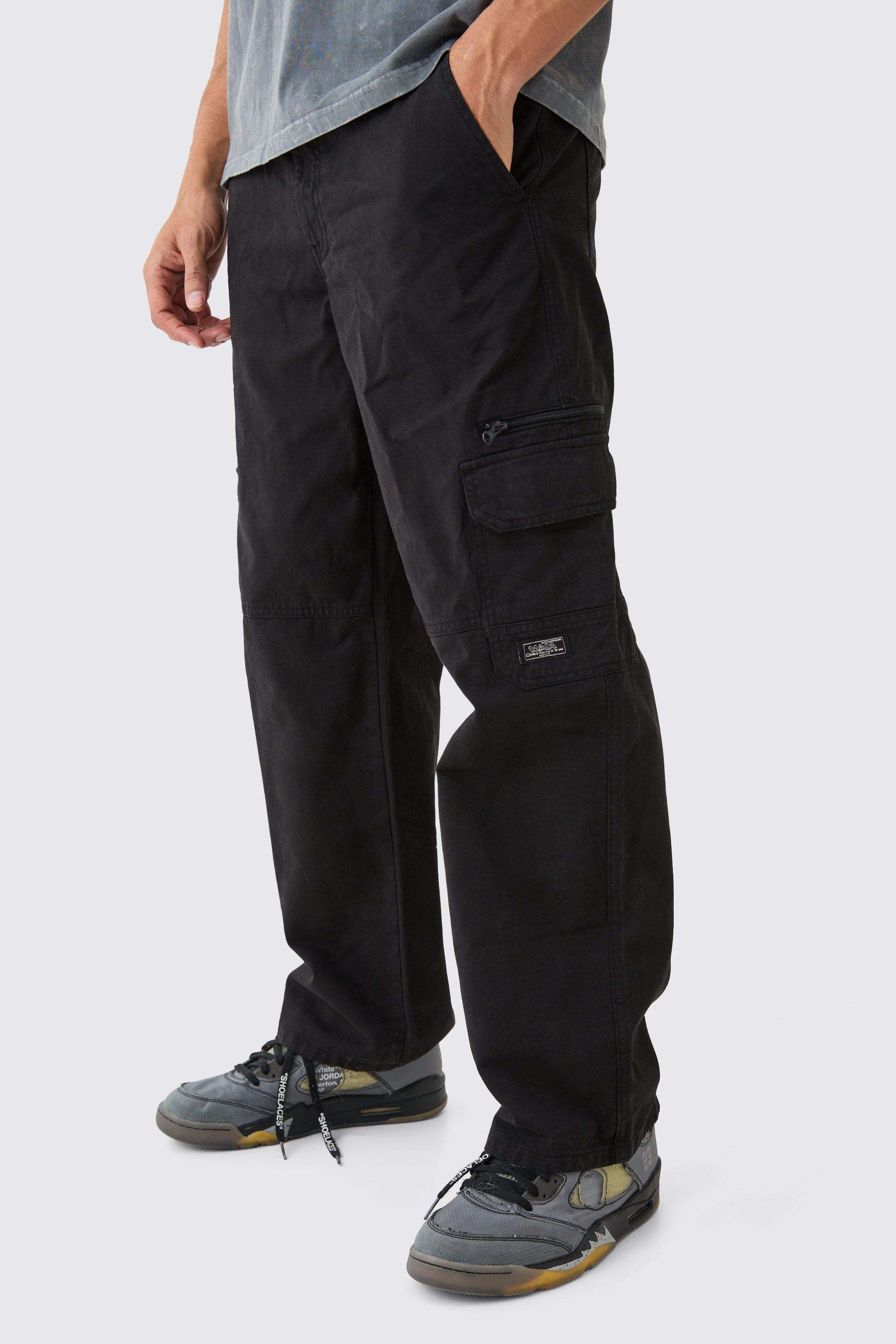 Boohoo Fixed Waist Cargo Zip Trouser With Woven Tab, Black