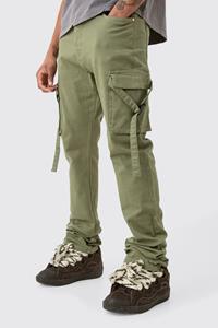 Boohoo Tall Fixed Waist Slim Stacked Flare Strap Cargo Trouser, Olive