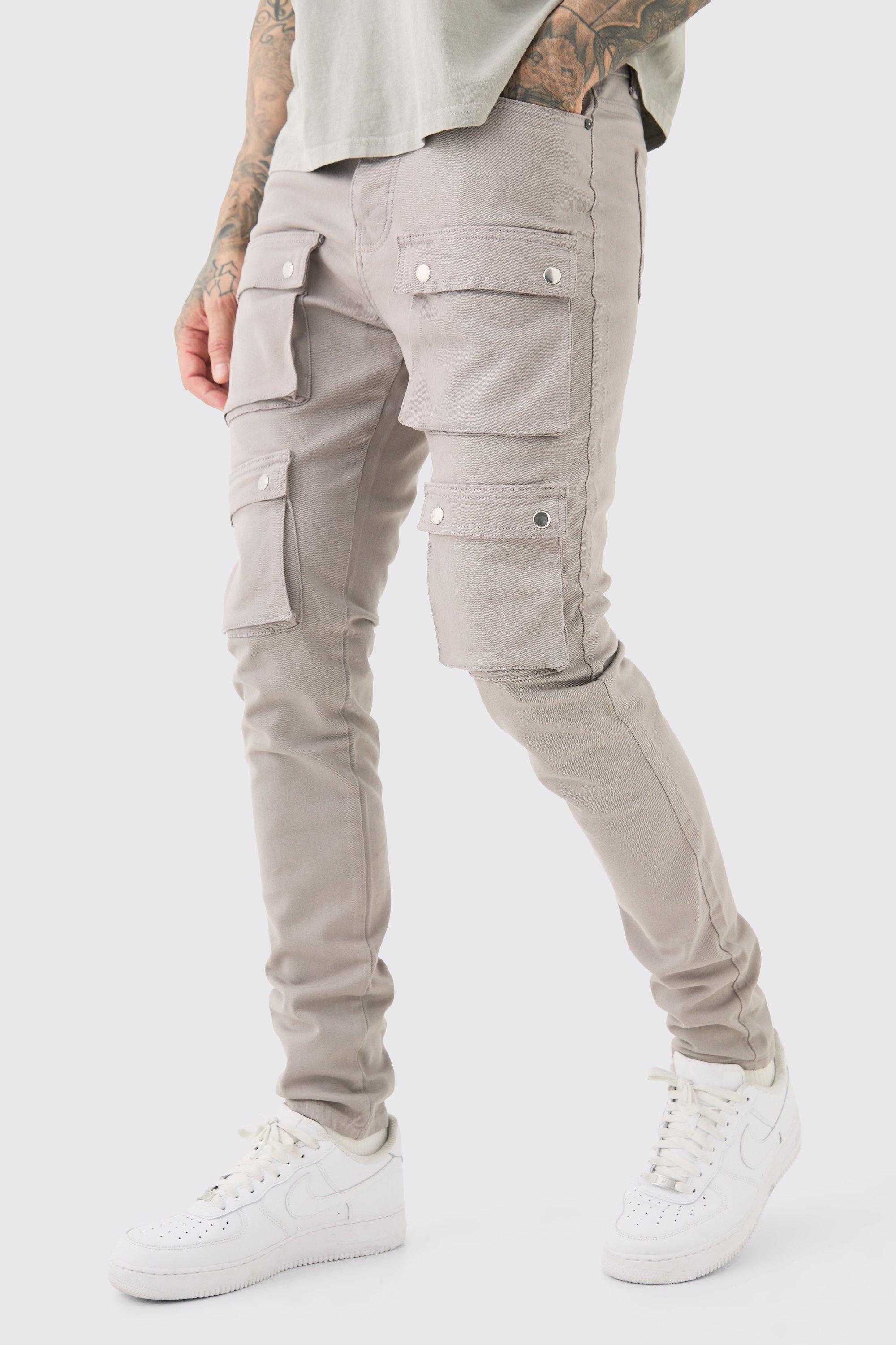 Boohoo Tall Fixed Waist Skinny Multi Cargo Pocket Trouser, Dark Grey