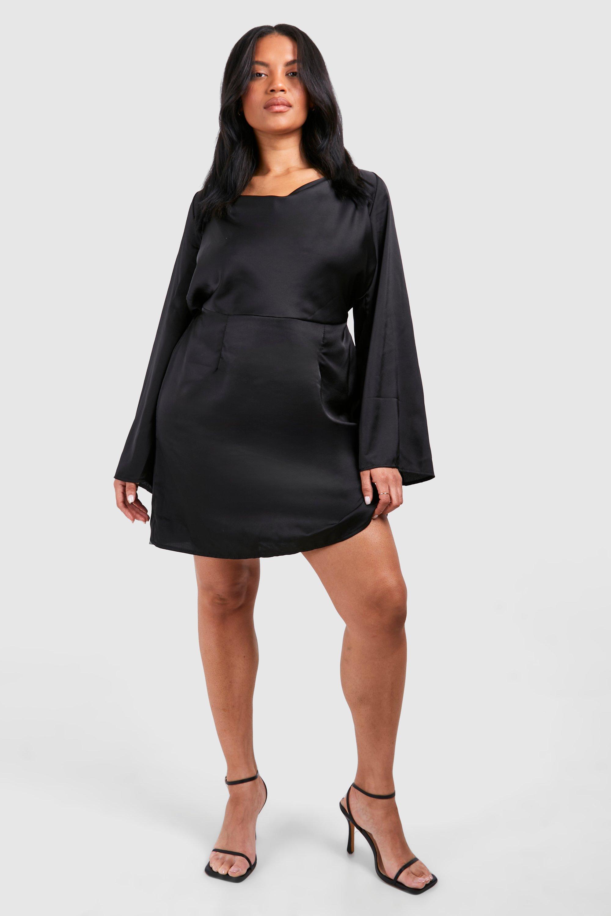 Boohoo Plus Textured Cowl Flared Sleeve Mini Dress, Black