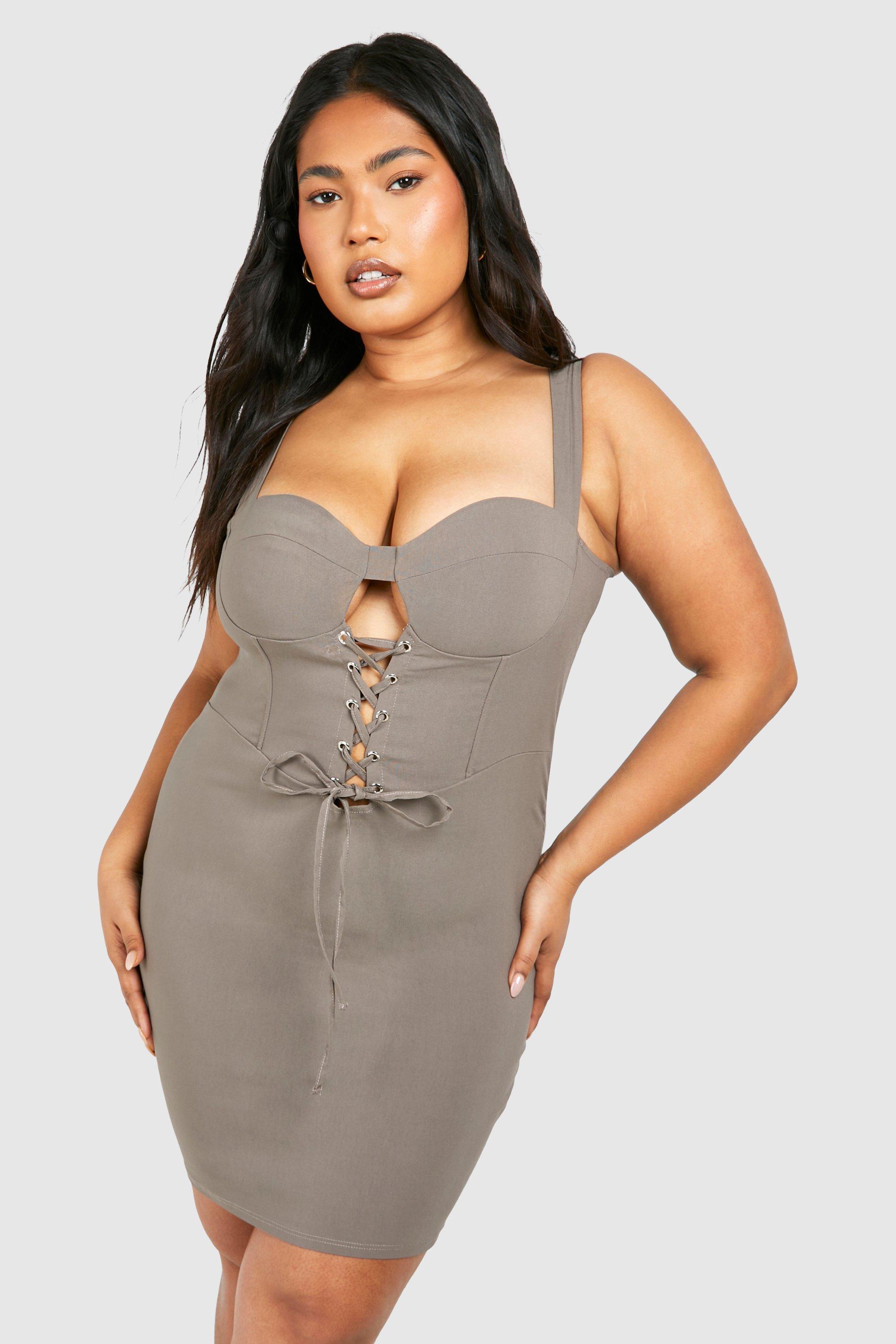 Boohoo Plus Bengaline Lace Up Bodycon Dress, Taupe