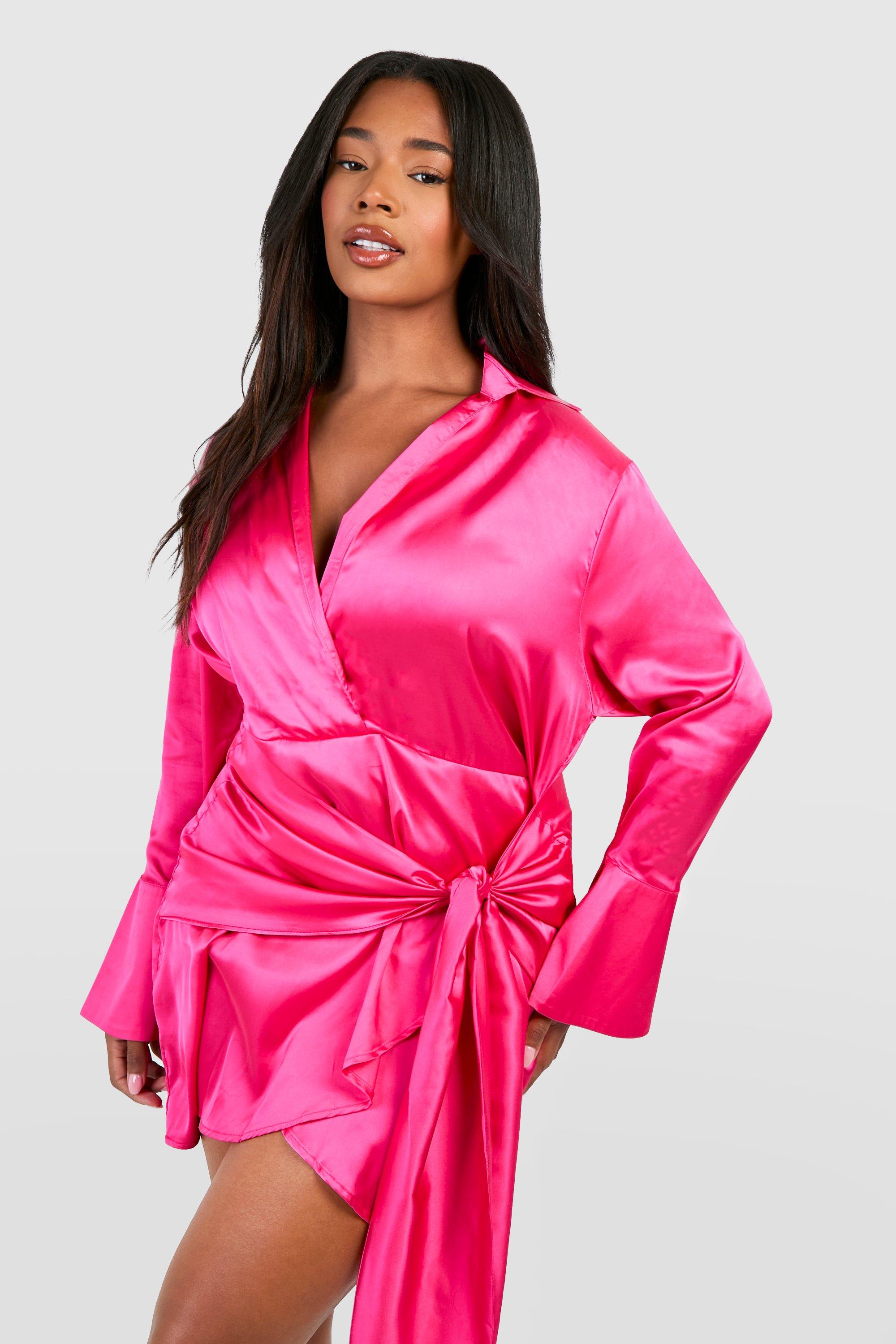 Boohoo Plus Printed Tie Waist Shirt Dress, Hot Pink