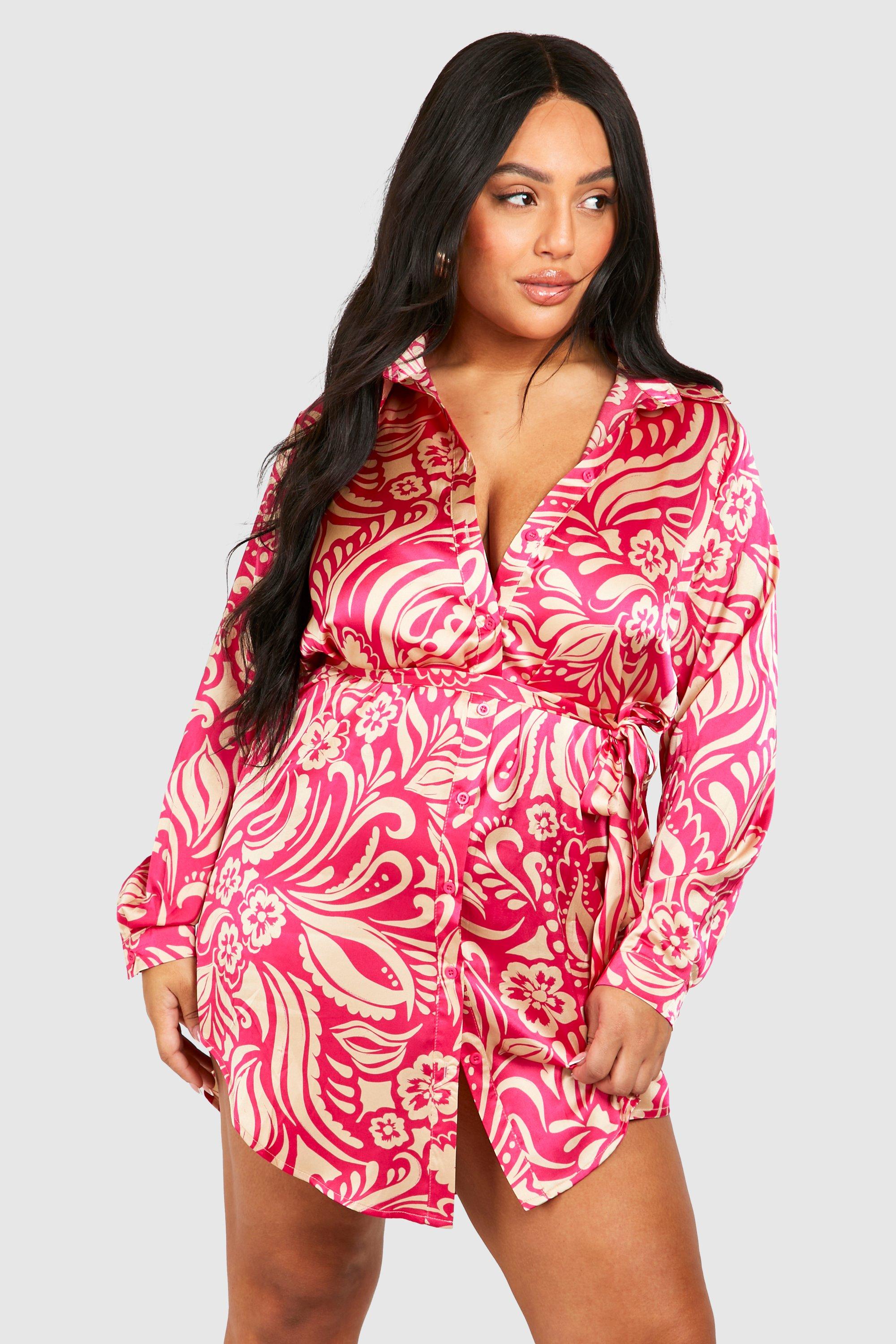 Boohoo Plus Printed Shirt Dress, Pink
