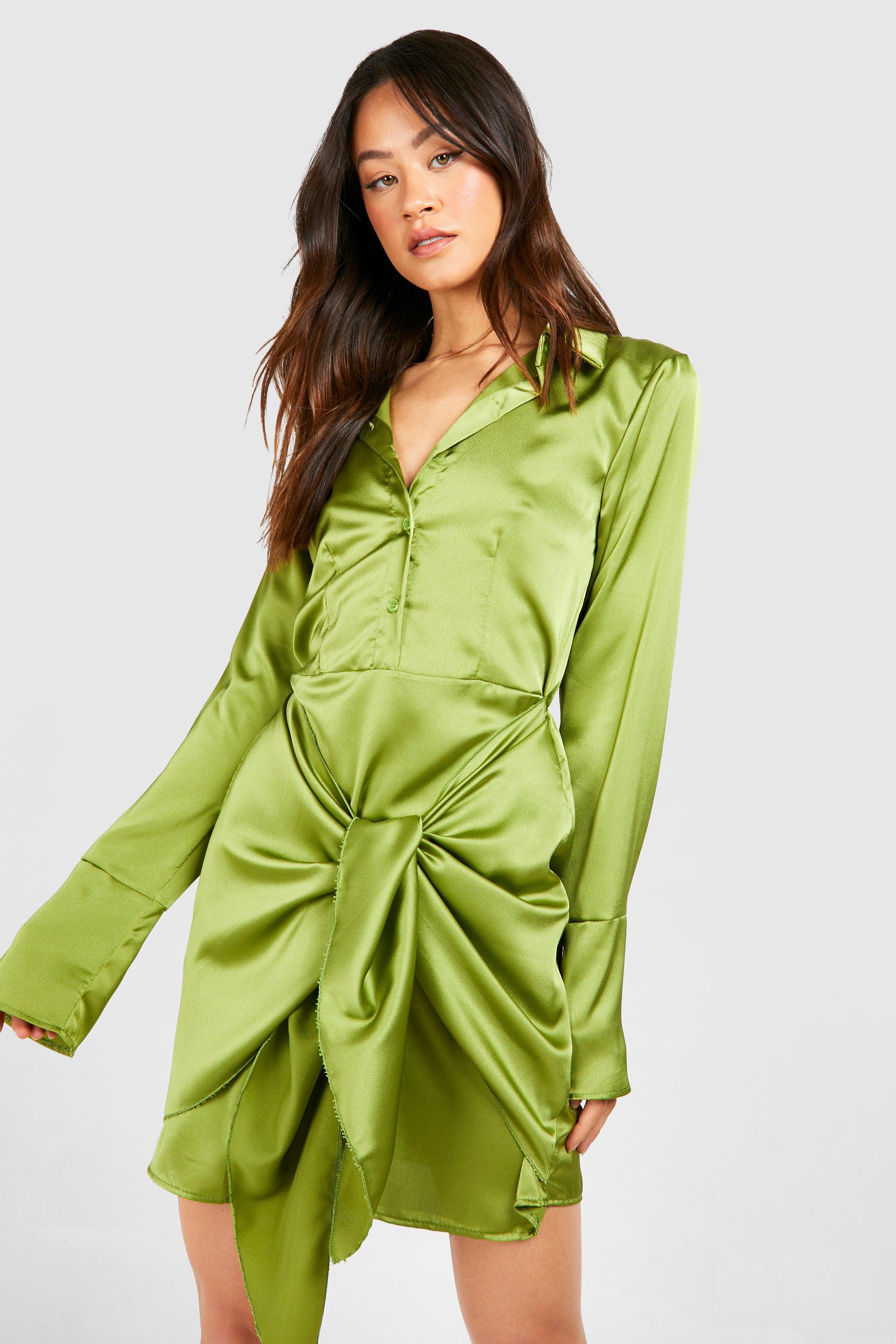 Boohoo Tall Satin Collared Tie Front Shirt Dress, Olive