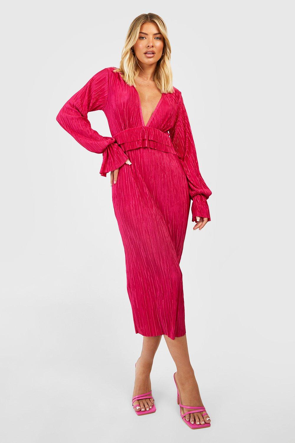 Boohoo Plisse Long Sleeve Ruffle Detail Midi Dress, Bright Pink