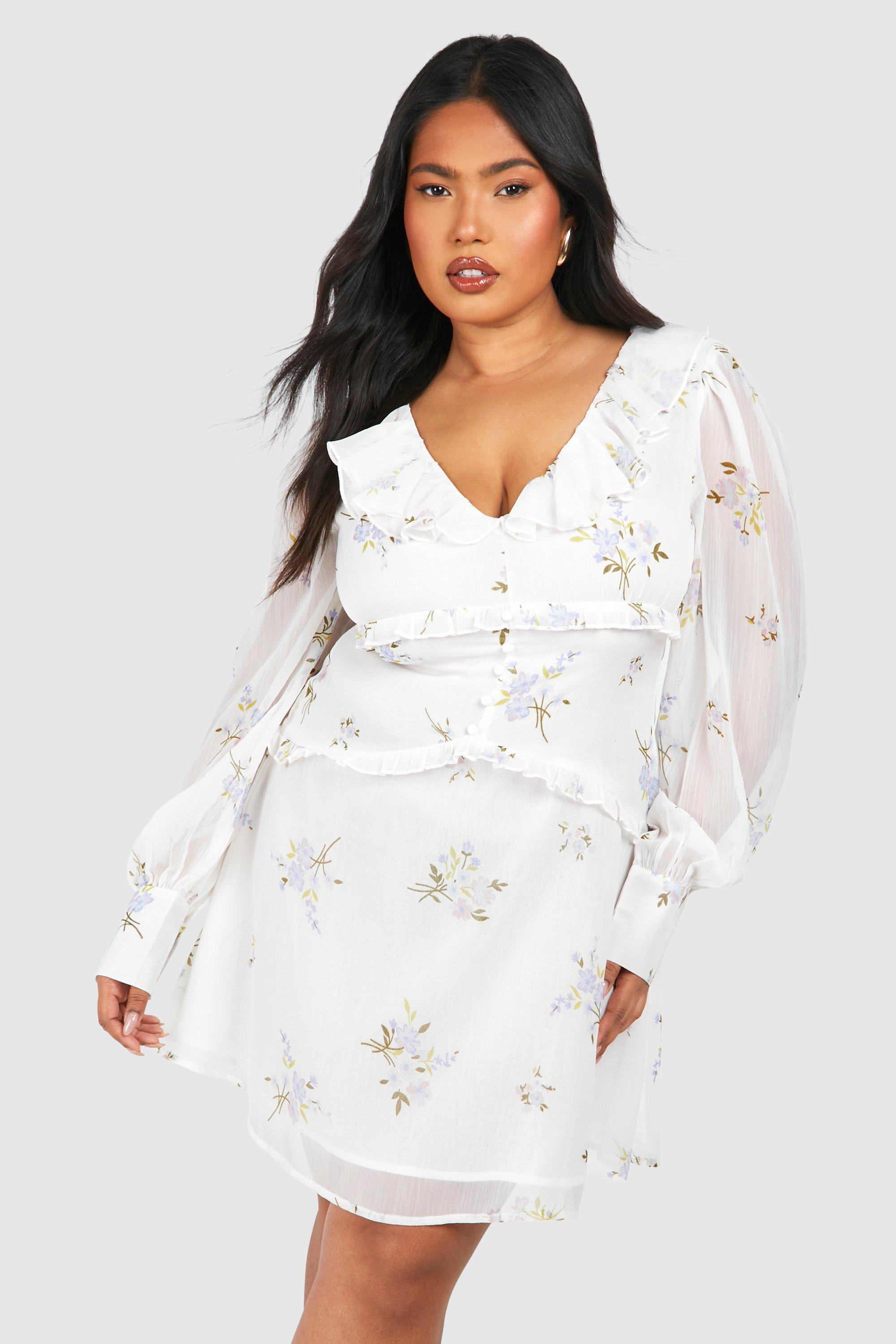 Boohoo Plus Woven Floral Print Ruffle Detail Long Sleeve Mini Dress, Cream