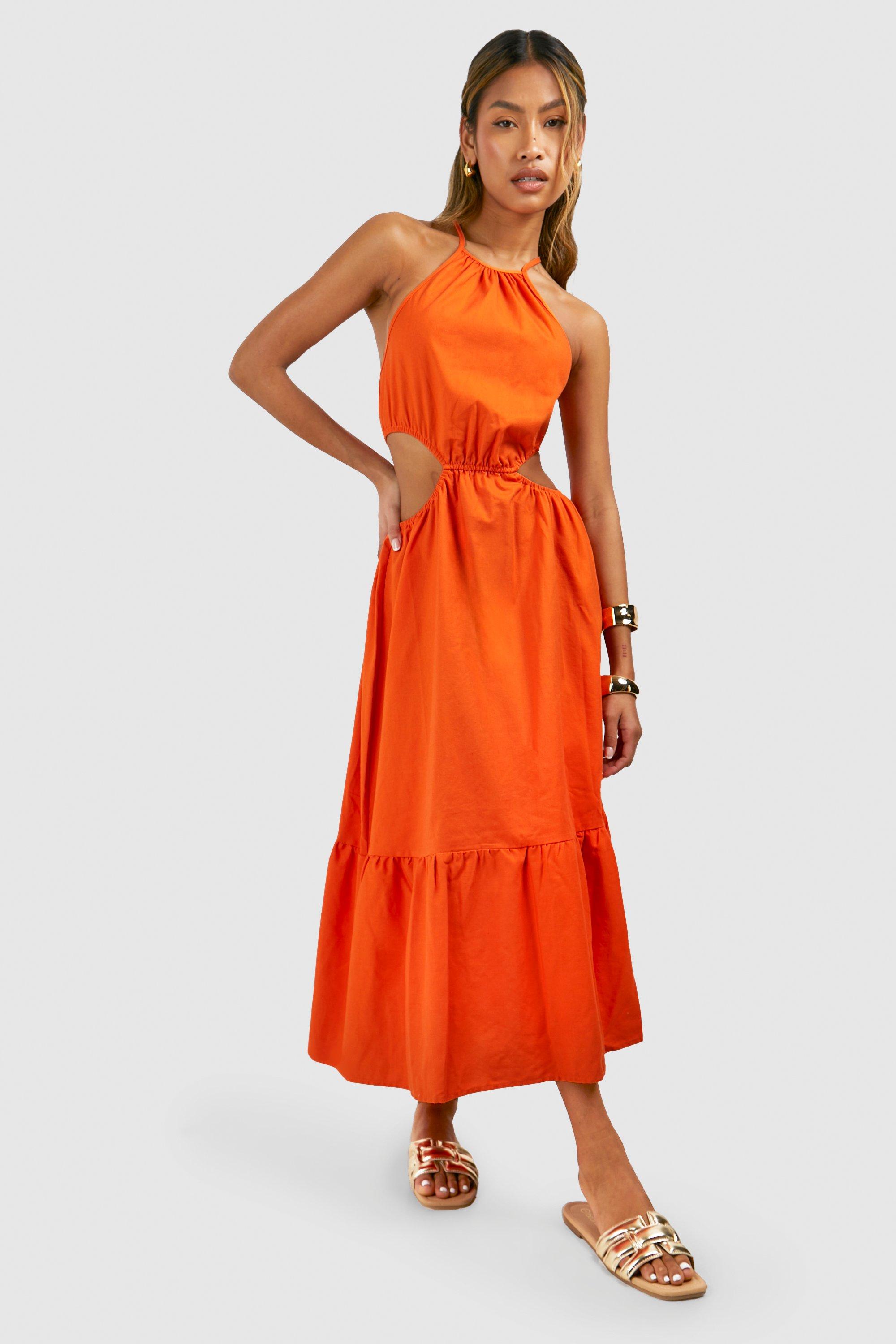 Boohoo Linen Cut Out Waist Midaxi Dress, Orange