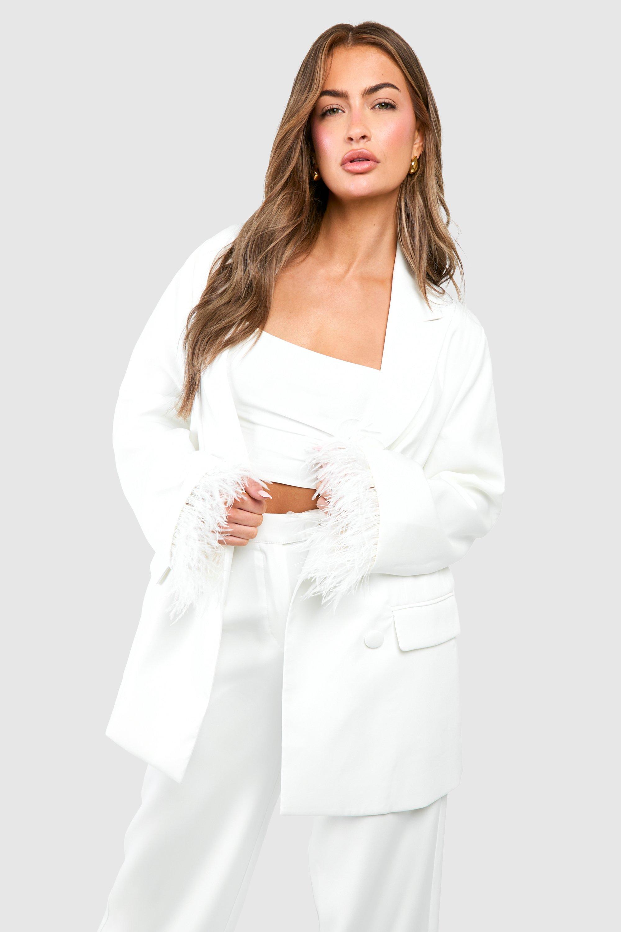 Boohoo Feather Trim Relaxed Fit Blazer, Ivory