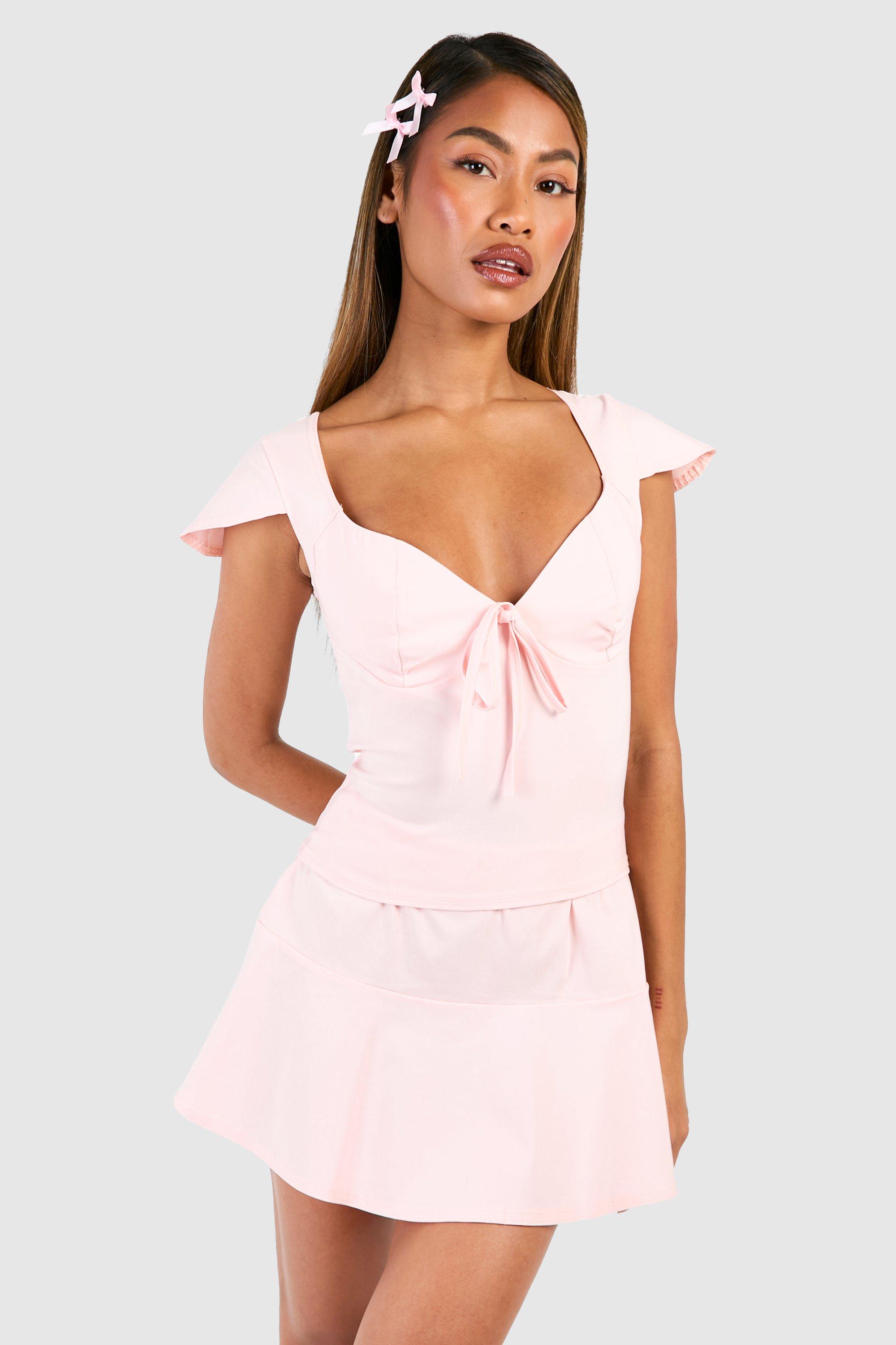 Boohoo Flared Shoulder Crop & Pep Hem Mini Skirt, Baby Pink