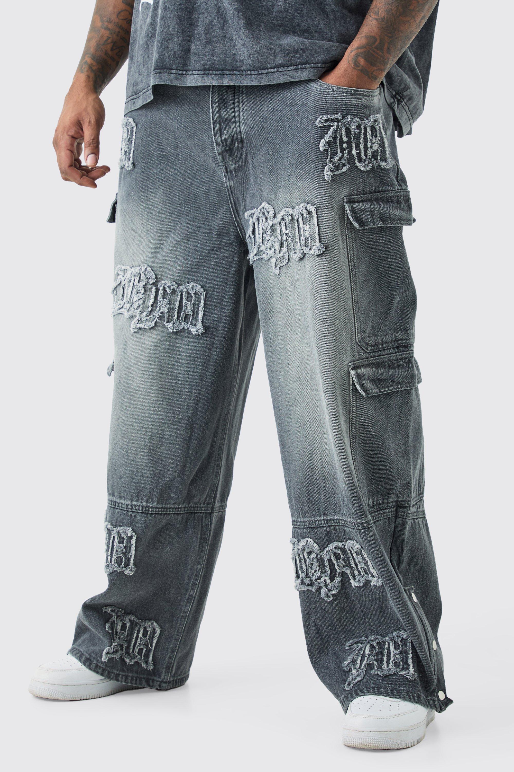 Boohoo Plus Baggy Rigid Bm Applique Multi Pocket Cargo Jeans, Grey