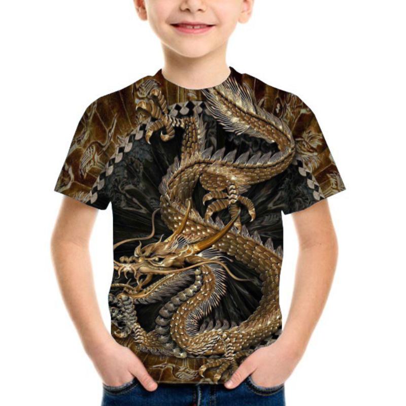 HerSight Boys Girls Gold Dragon 3D Tee Shirt Short Sleeve Top Summer Funny Wolf Animal Children Shirt Casual Cartoon Kids T-shirts