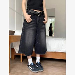 GS Retro Y2k Baggy Jorts Women Men Low Waist Cropped Black Jeans Acubi Distressed Frayed Denim Casual Wide Pants