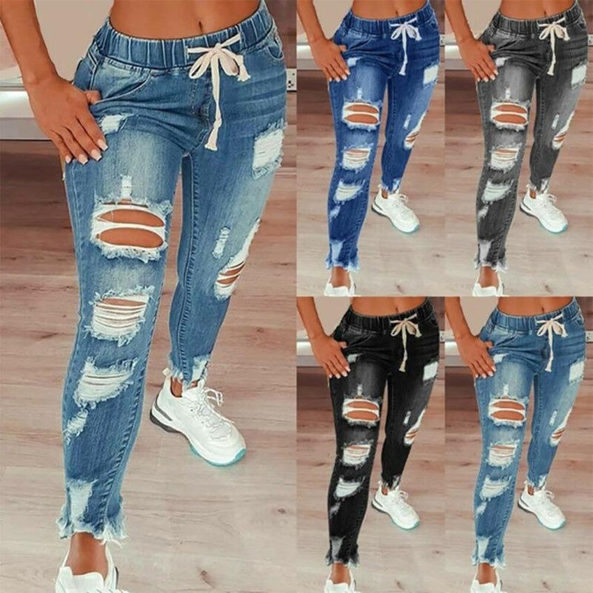 Arbutus Dames elastische taille trekkoord gescheurde jeans Slim Fit damesjeans Trend