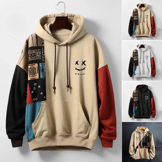 Kaileflf Fall Winter Men Hoodie Loose Long Sleeve Color Matching Big Patch Pocket Cartoon Pattern Retro Hooded Thick Warm Pullover Streetwear Men Top