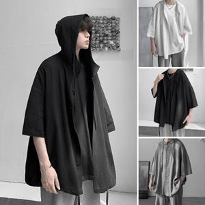 Selling Clothing Half Sleeve Drawstring Men Tops Solid Color Single Breasted Thin Hip Hop Style Summer Hooded Shirt Coat Streetwear