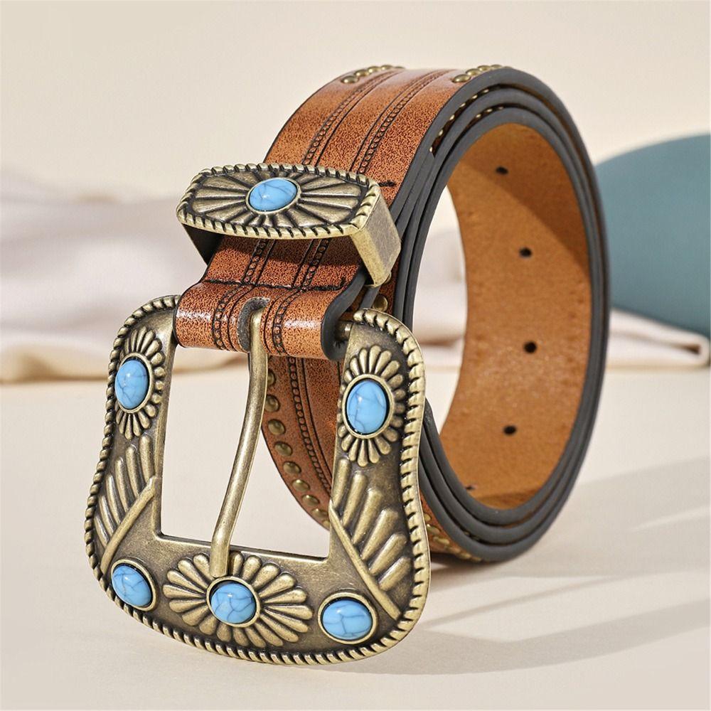Yihe Bohemian Floral Engraved Leather Belt PU Leather Cowgirl Cowboy Country Belts Western Belts  Women