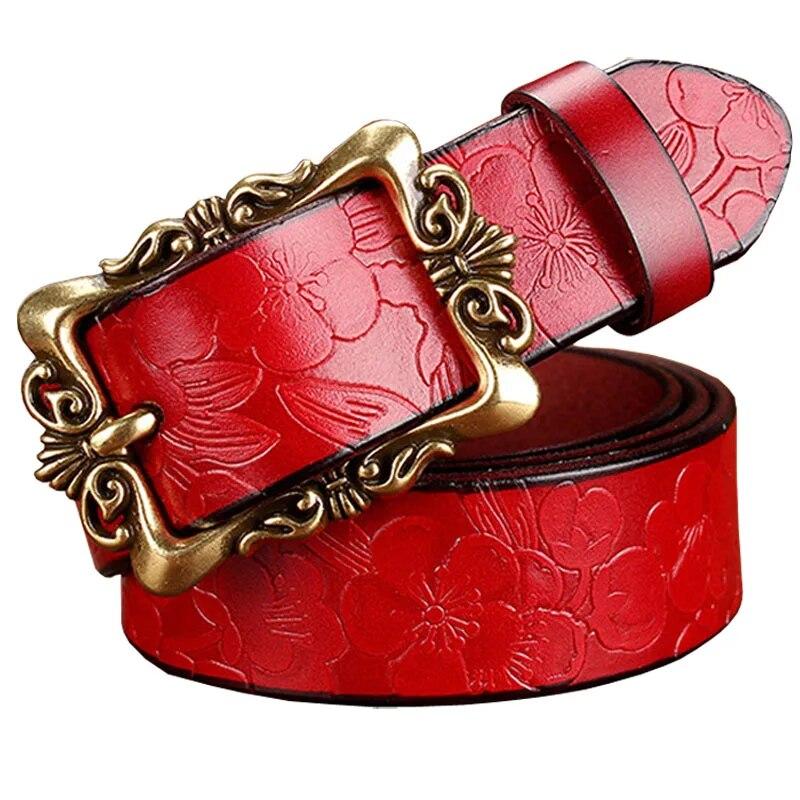 Ouyaohong Fashion Wide Genuine leather belts for women Vintage Floral Pin buckle Woman belt High quality second layer Cow skin jeans strap