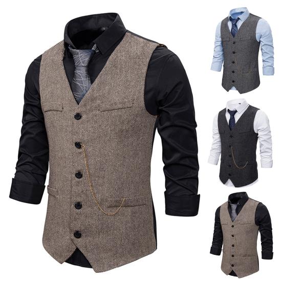 Selling Clothing Men Formal Waistcoat Business Vest Chain Decor Sleeveless Slim Fit Single-breasted V Neck Anti-wrinkle Patch Pockets Men Coat