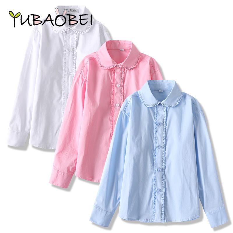 YUBAOBEI Girls' Cotton White Blouse Spring Autumn Primary School Students Clothes Kids School Uniforms Children's White Long-Sleeved Shirts Tops