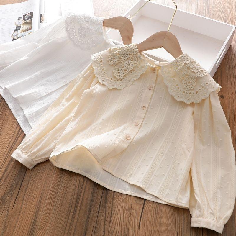YUBAOBEI Girls Cotton White Shirt Baby Kids Lace Lapel Korean Long Sleeve Blouse Spring Loose Bottoming Tops Children's Clothes