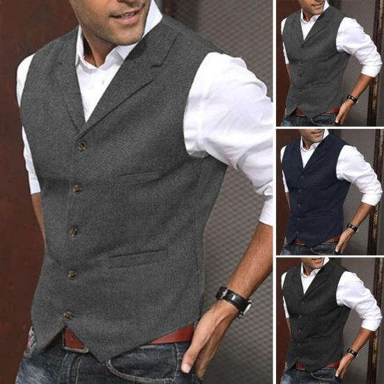 Selling Clothing Men Vest Single-breasted Solid Color Sleeveless Lapel Slim Fit Formal Business Style Cardigan Soft Retro Groom Wedding Banquet Waistcoat