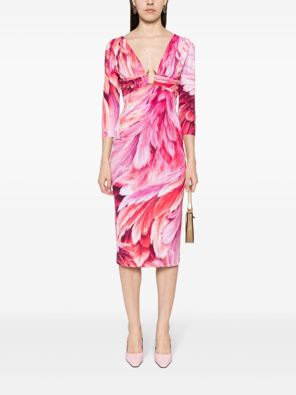 Roberto Cavalli plumage-print midi dress - Roze