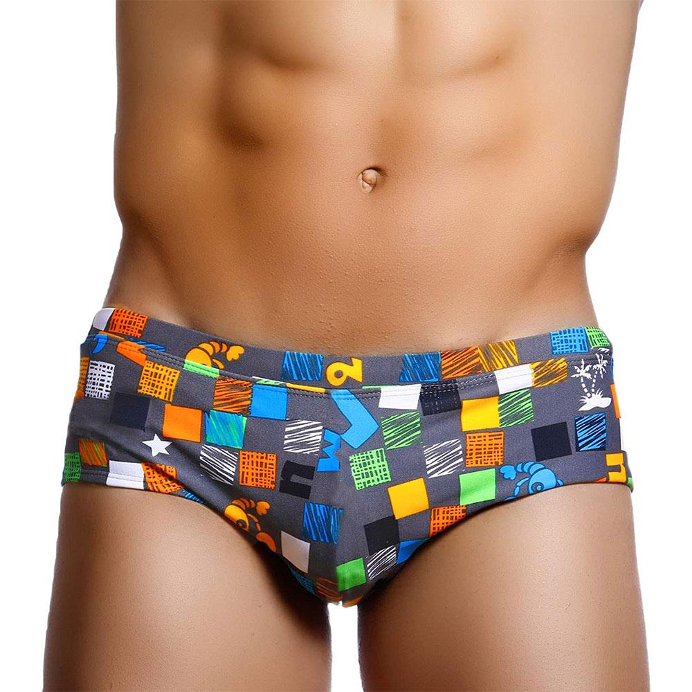 UXH Fashion Padded Men's Swimwear Briefs Sexy  Swimsuit Solid Swimwear with Pouch Grey Grid Printed