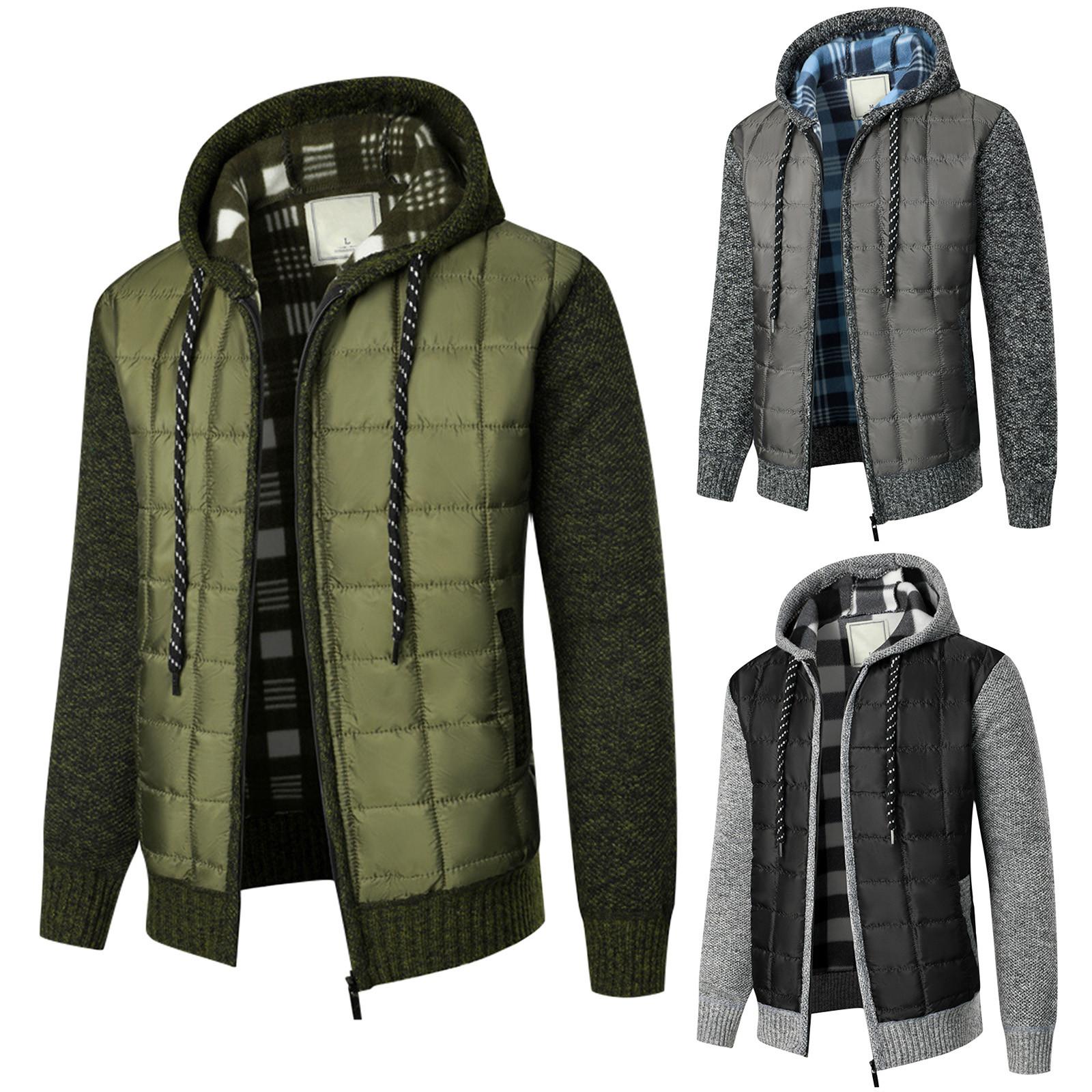 Wiwily Men's Hooded Plush Plaid Knitting Drawstring Coat Sweater Warm Solid Color Jackets Tops