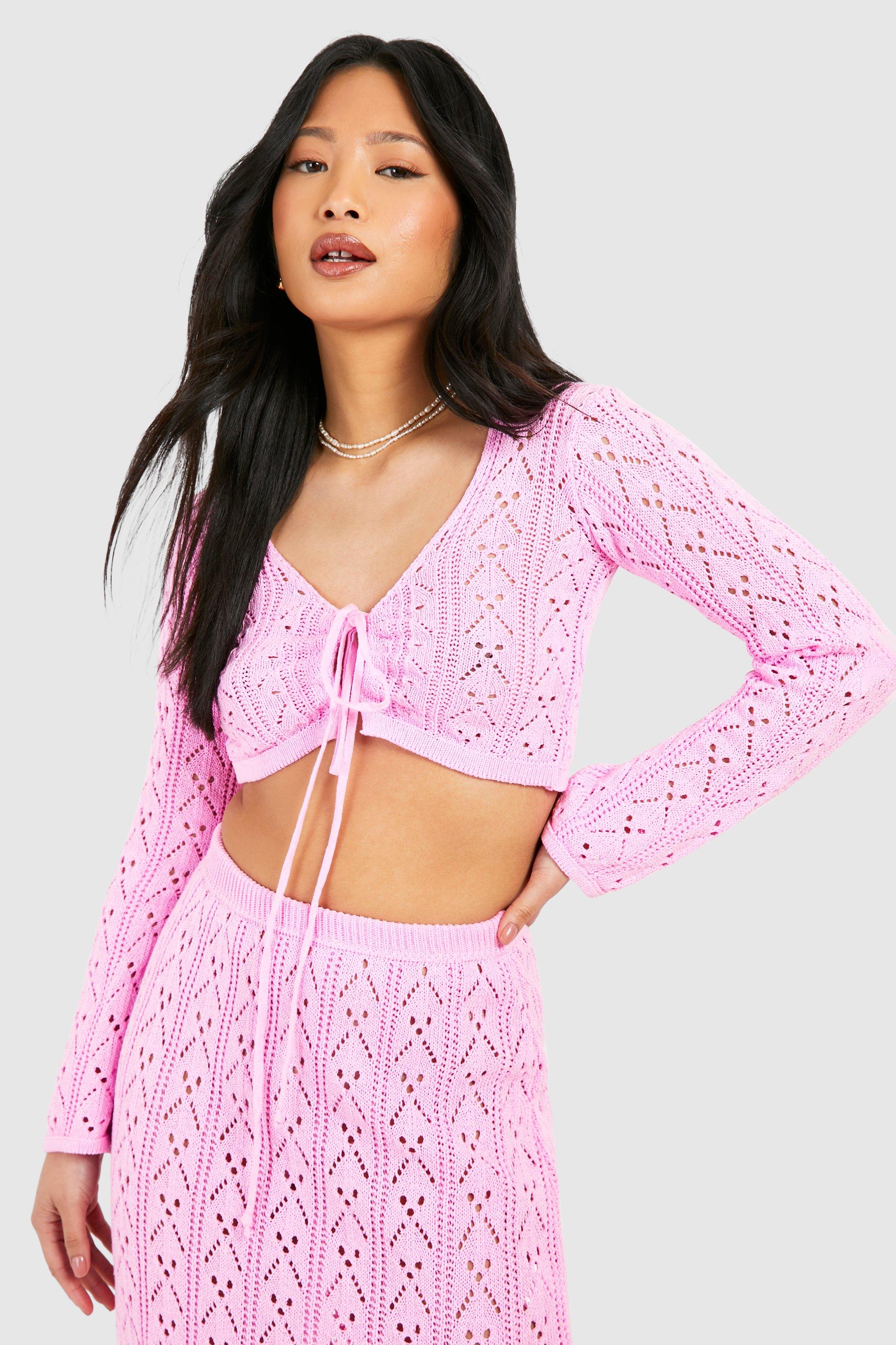 Boohoo Petite Crochet Tie Front Cardigan, Baby Pink