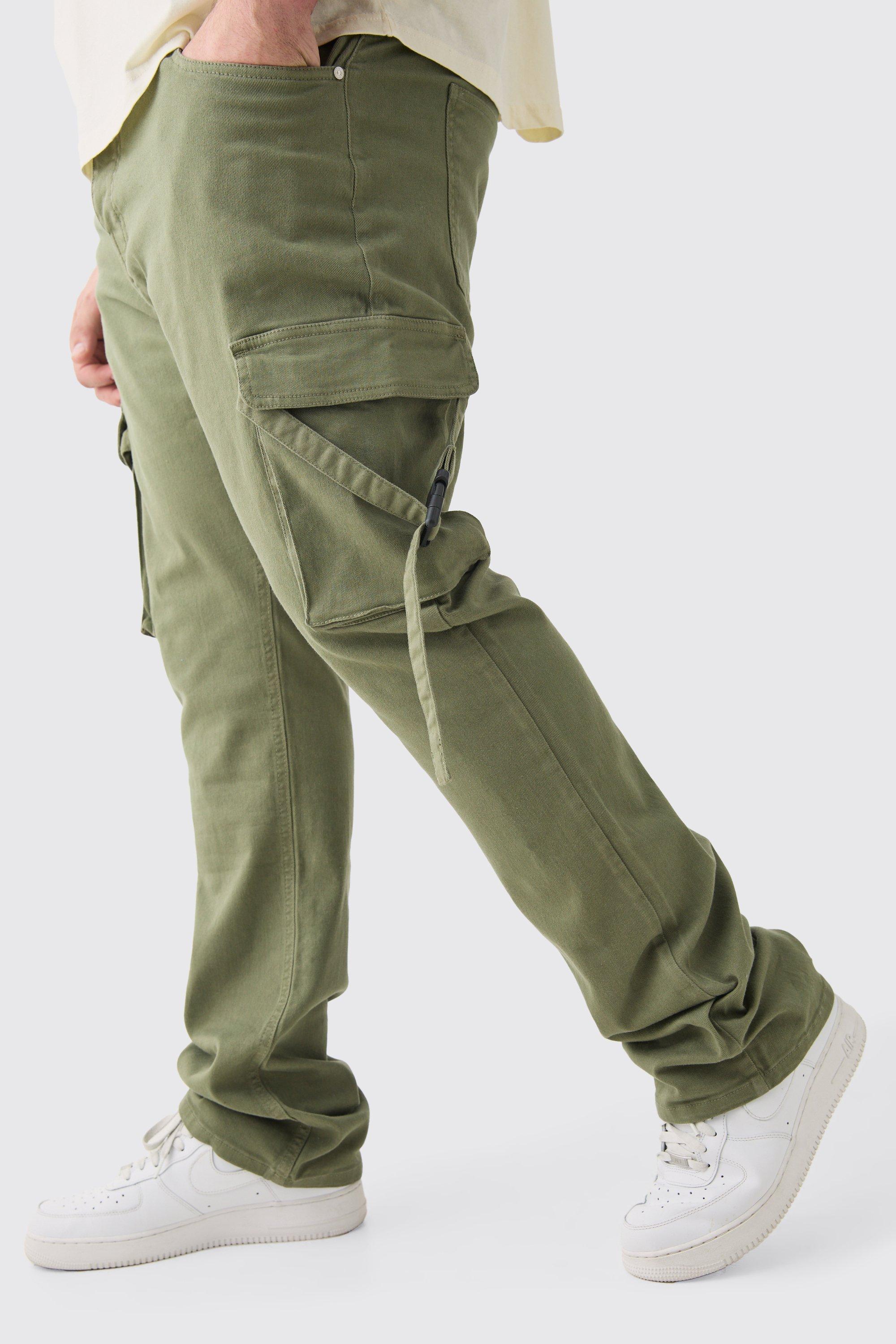 Boohoo Plus Fixed Waist Slim Stacked Flare Strap Cargo Trouser, Olive