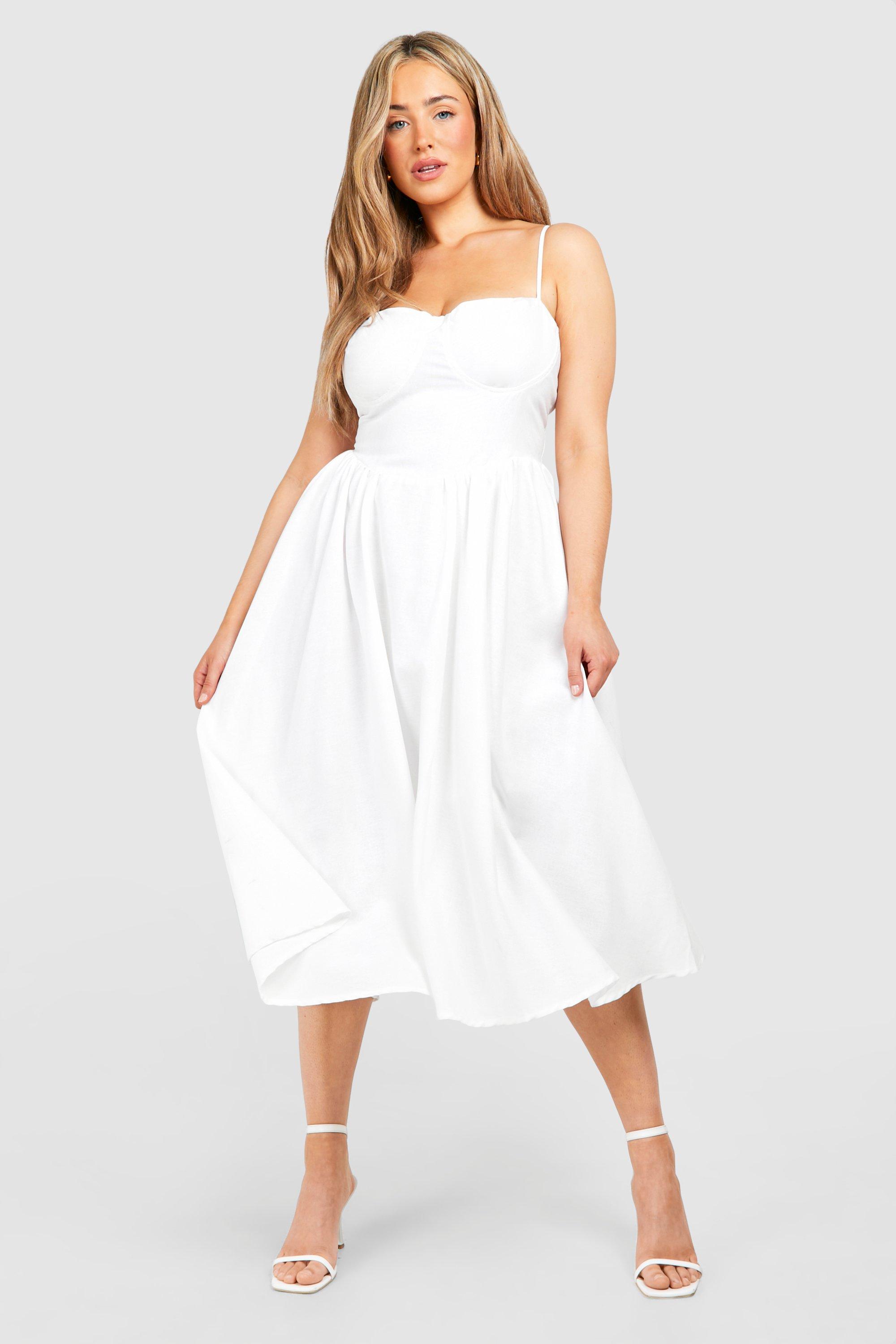 Boohoo Plus Linen Milkmaid Midi Dress, White