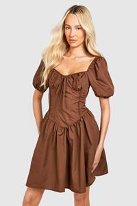 Boohoo Tall Woven Puff Sleeve Milkmaid Mini Dress, Chocolate