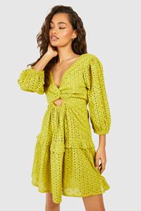 Boohoo Broderie Cut Out Detail Mini Dress, Olive