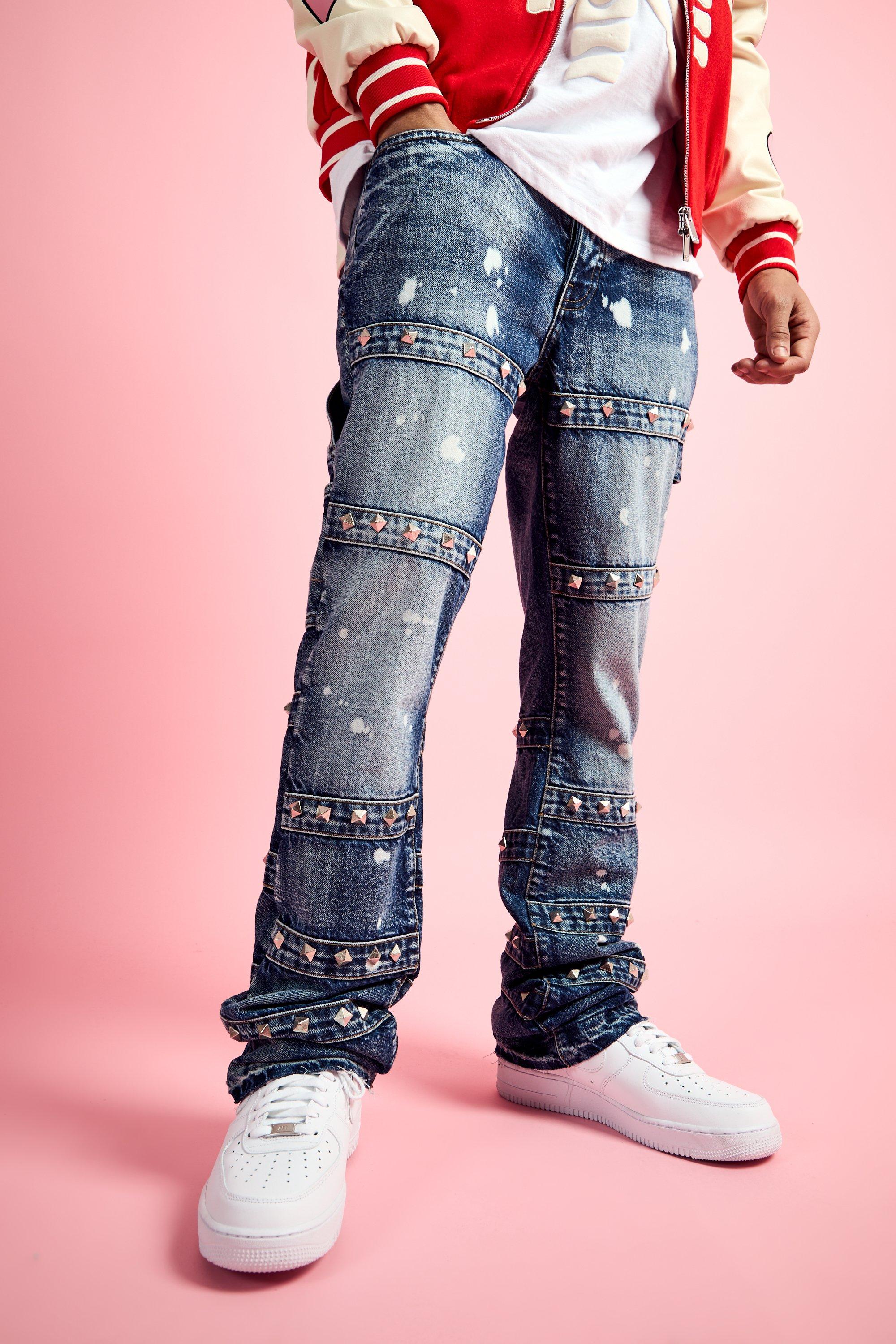 Boohoo Slim Rigid Flare Embellished Strap Detail Jeans, Antique Blue