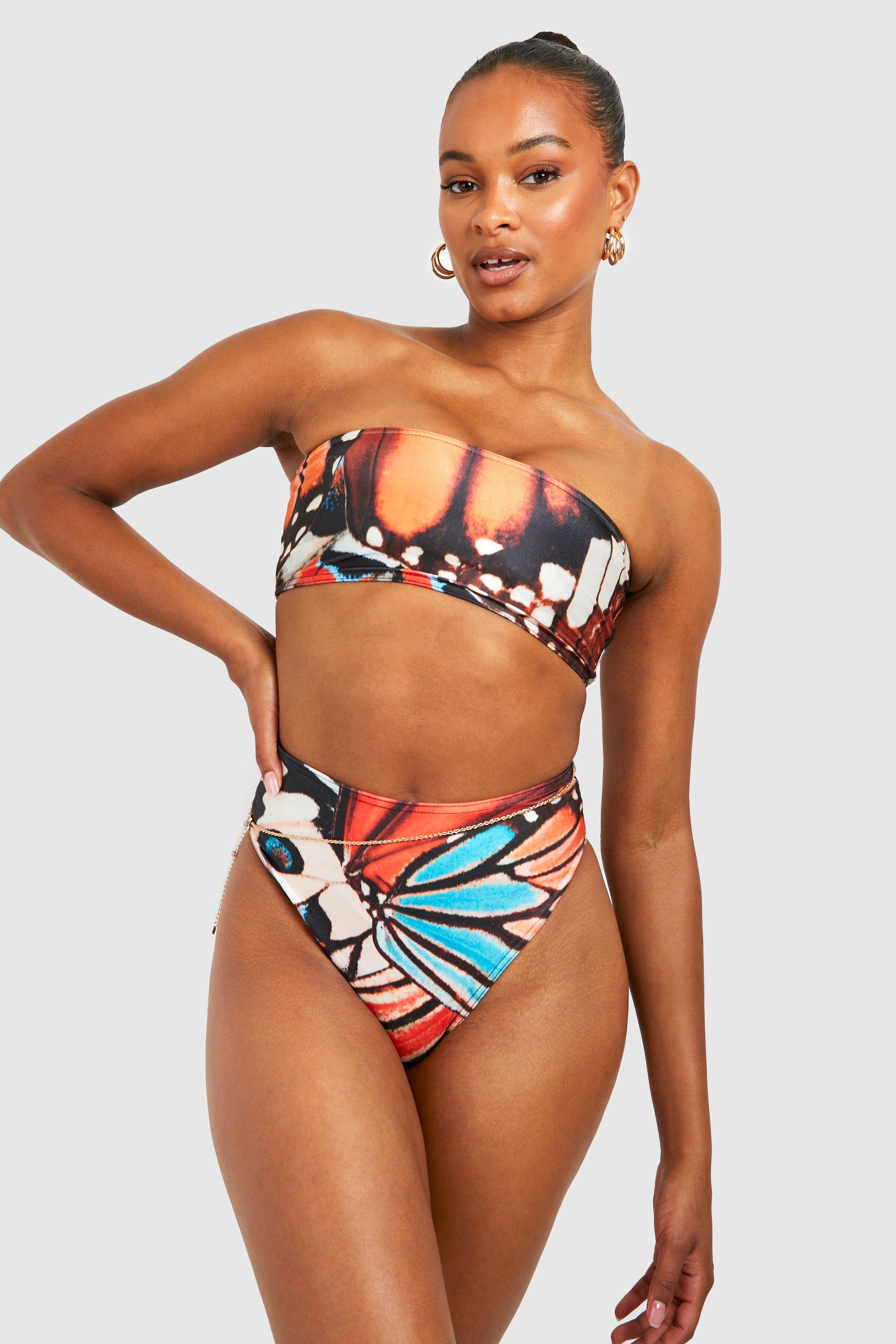 Boohoo Tall High Waist Bandeau Bikini Setje Met Vlinder Print, Multi