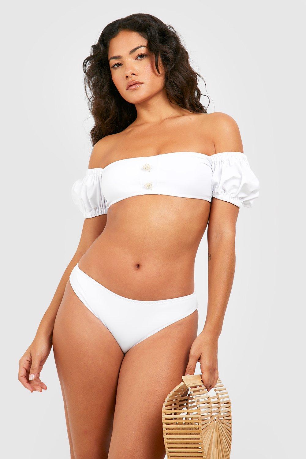 Boohoo Gewatteerde Bikini Set Met Parel Detail En Korte Mouwen, White