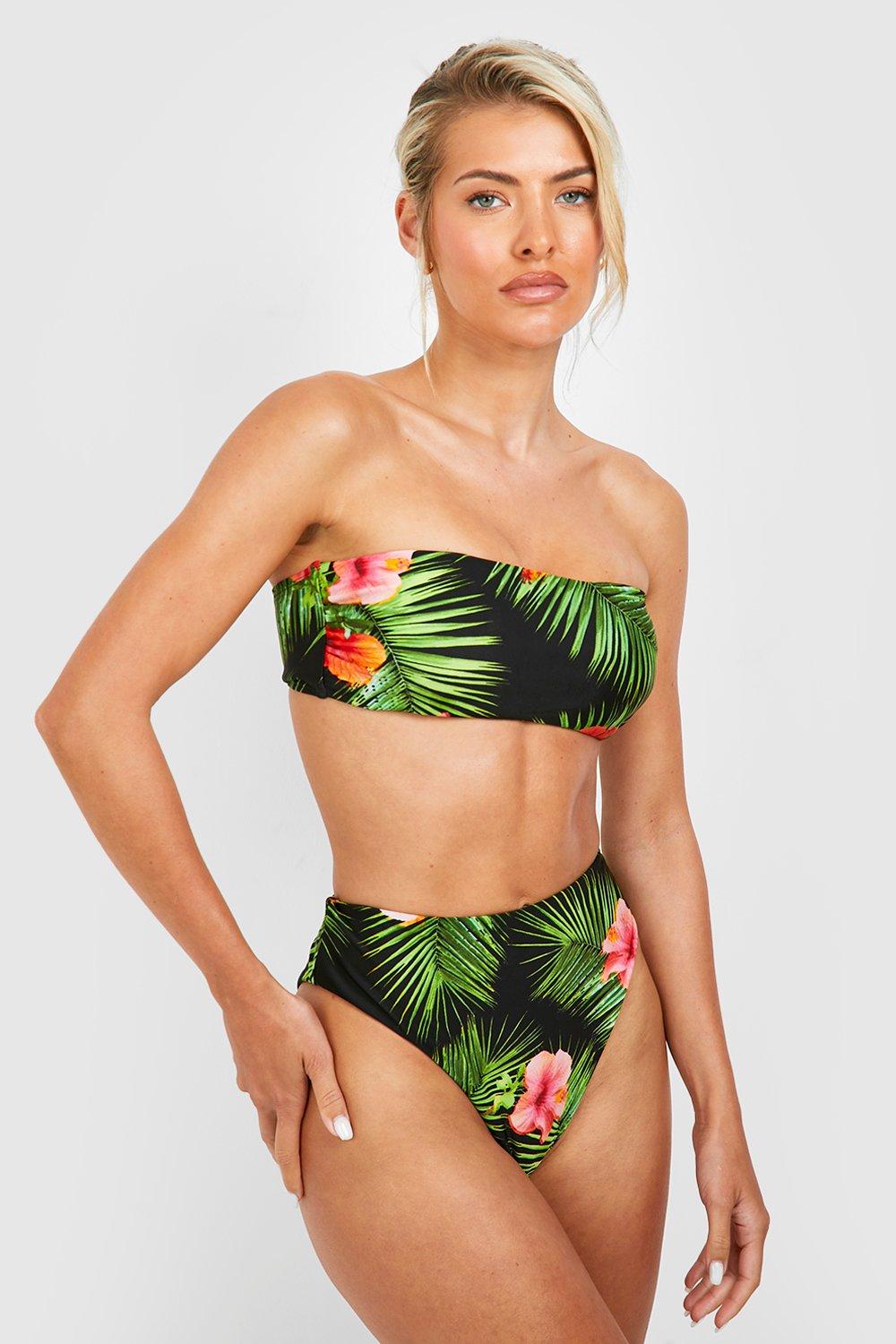 Boohoo Tropische Bandeau Bikini Set, Black
