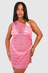 Boohoo Plus Knitted One Shoulder Beach Dress, Hot Pink
