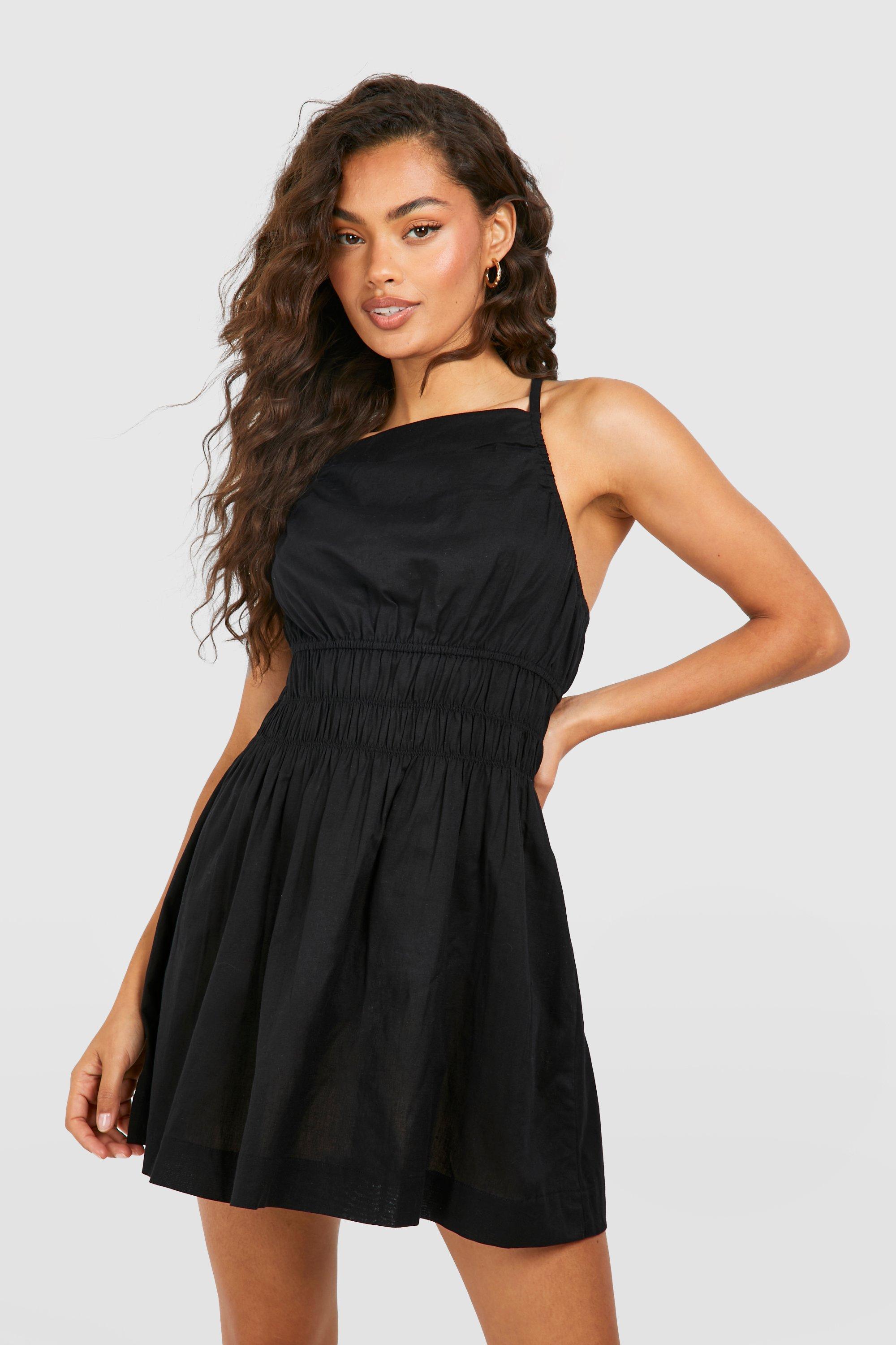 Boohoo Strappy Linen Shirred Waist Mini Dress, Black