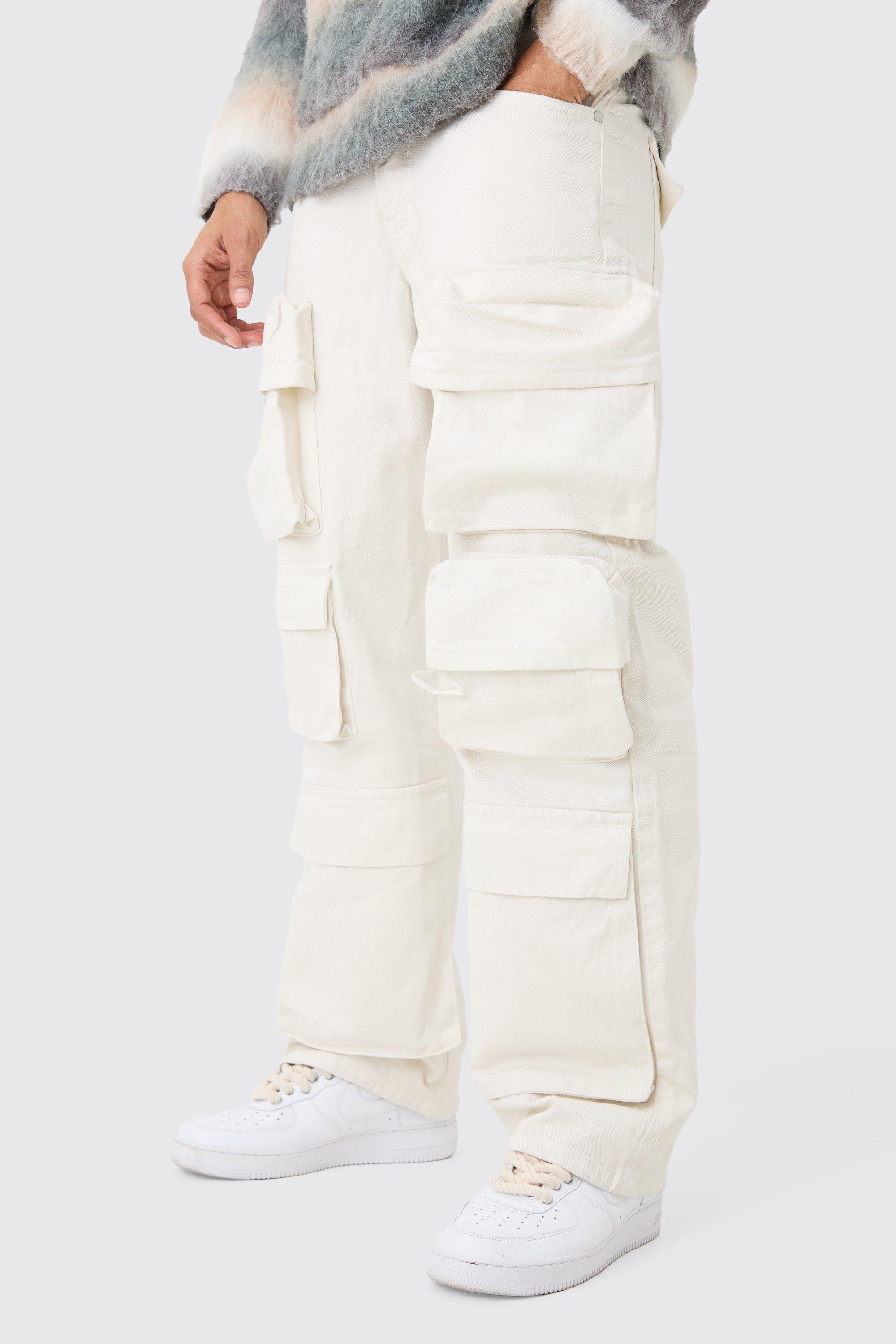 Boohoo Baggy Rigid 3D Cargo Pocket Overdyed Jeans In Ecru, Ecru